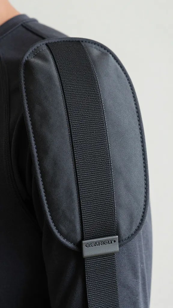 shoulder pad on canvas strap, sweat-darkened stitching detail