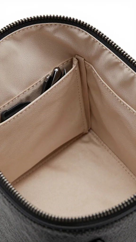 zippered satchel pocket with pen sleeve, empty interior closeup