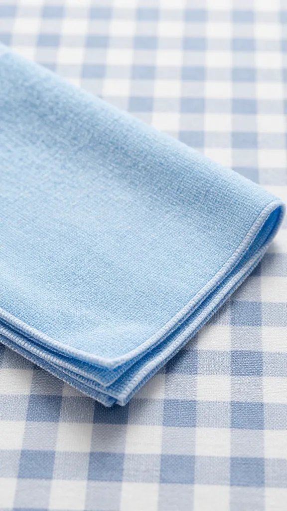 microfiber pen cloth folded on gingham blanket, detail shot