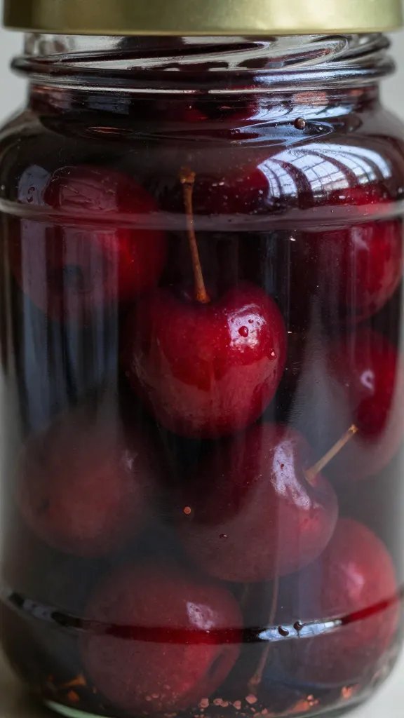Closeup of smoky pickled cherries in a dark glass jar
