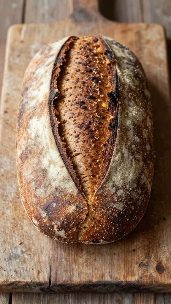 Single dense rye loaf on weathered wooden board