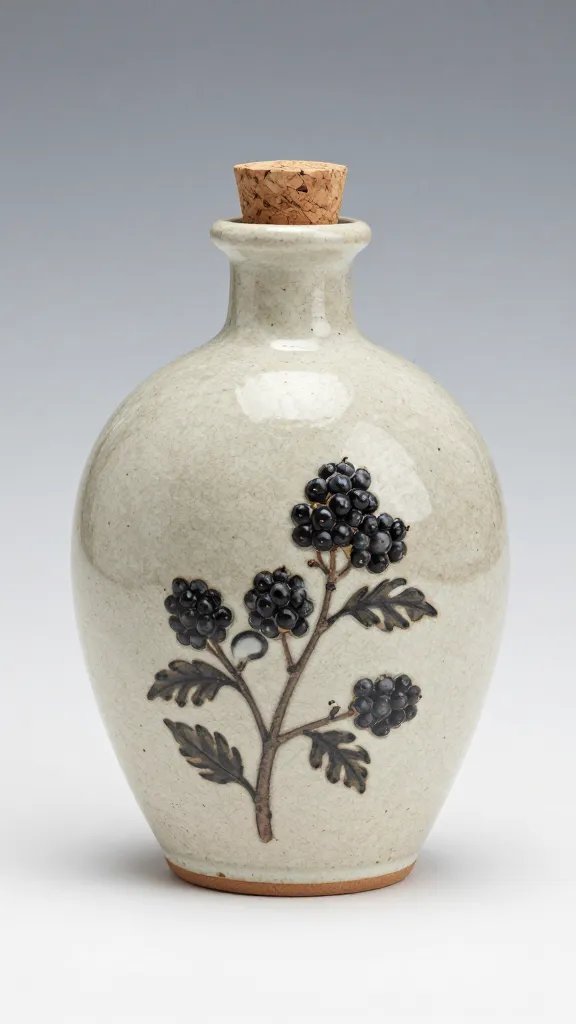 Stoneware flask of blackberry shrub, corked