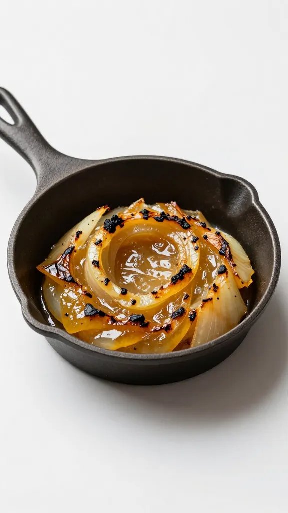 Small cast-iron pan with charred onion jam
