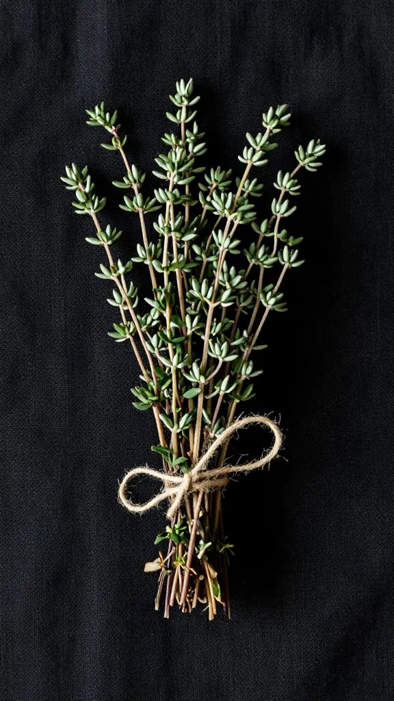 Twine-tied bundle of thyme on black linen