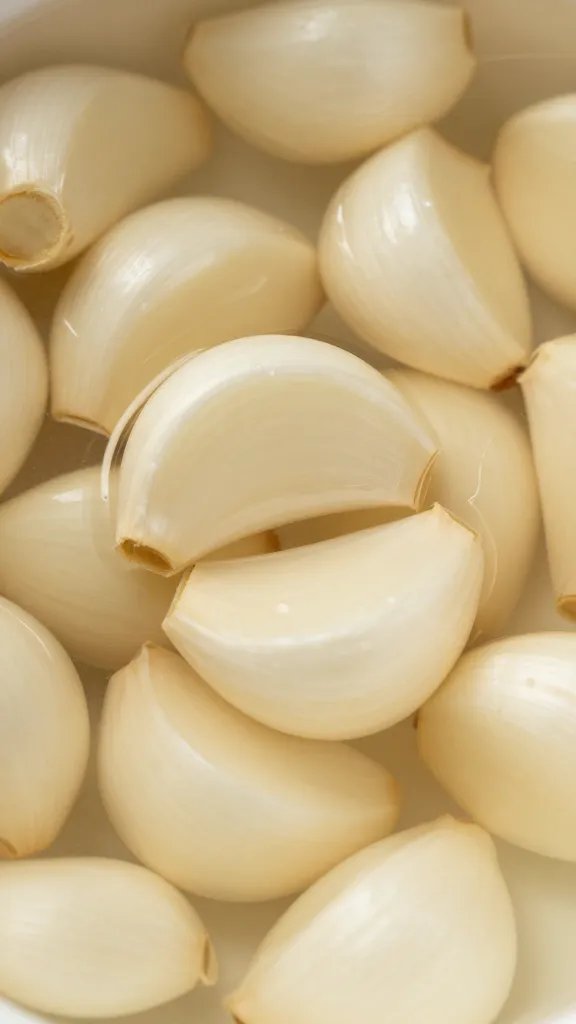 Closeup of fermented garlic cloves in brine