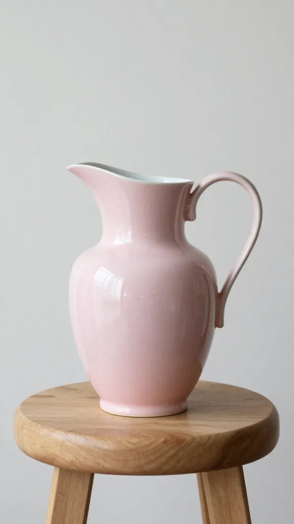 blush-pink ceramic pitcher on natural wood stool