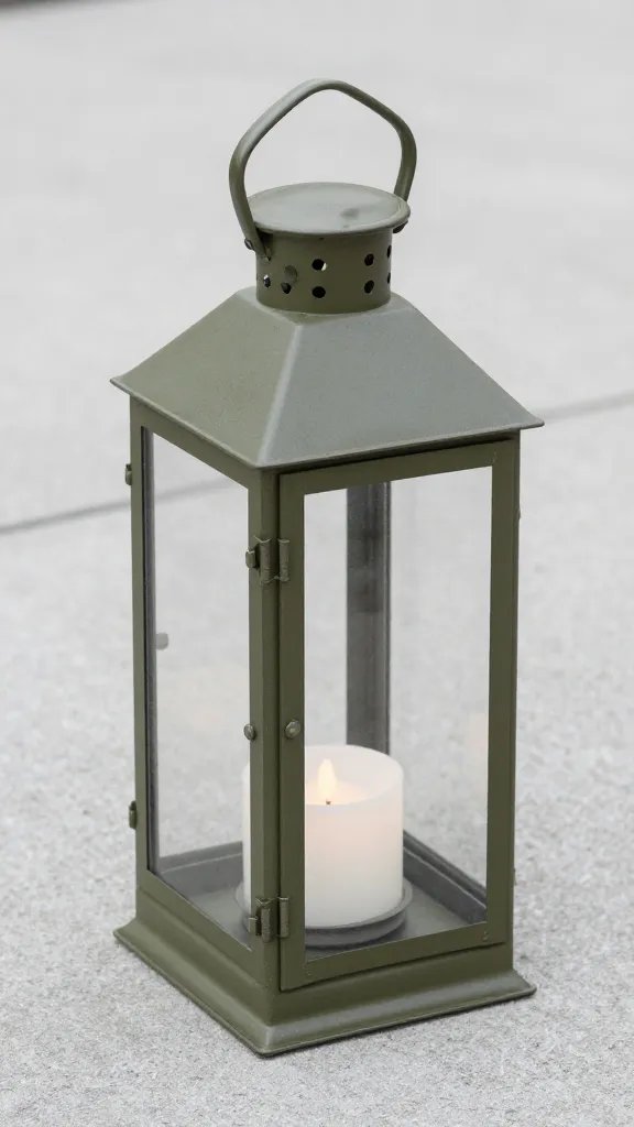 olive-green metal lantern on concrete paver