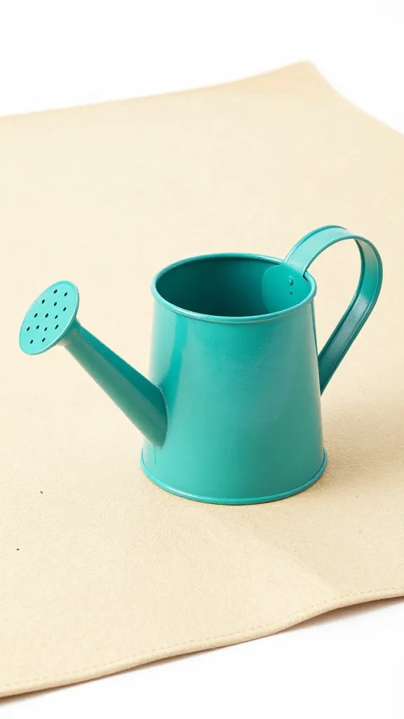 teal-painted watering can on sand-colored mat