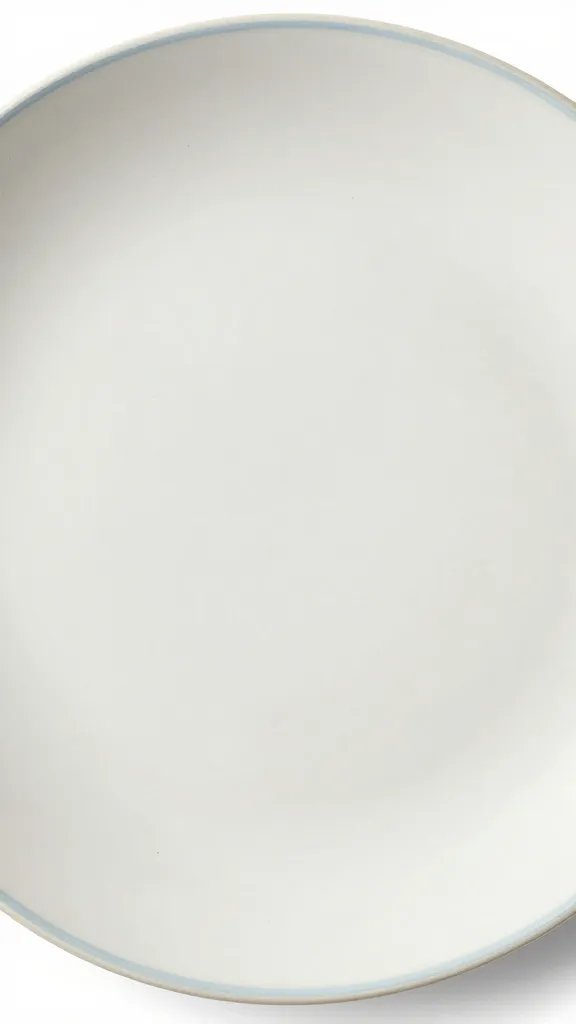 closeup ironstone dinner plate with faint blue rim