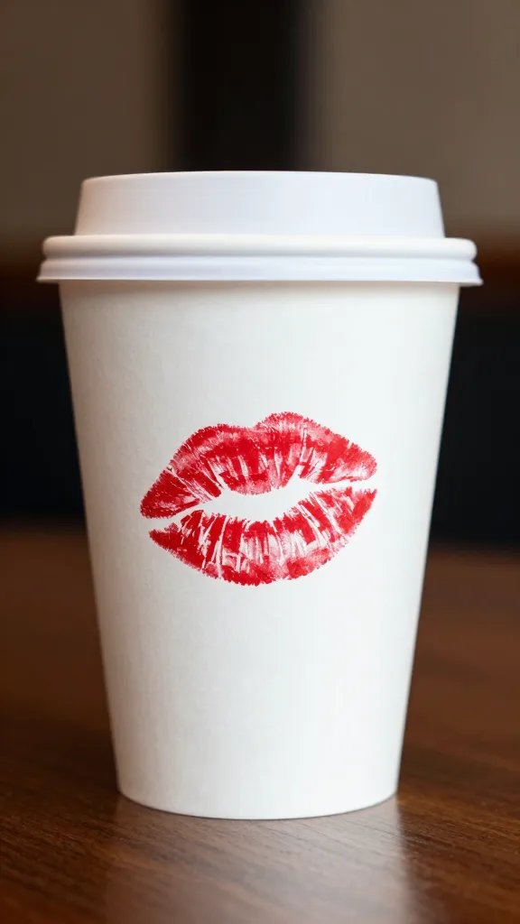 single hotel-ware coffee cup with lipstick mark