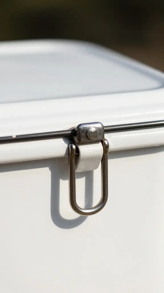 white enamel picnic basket latch in soft sunlight