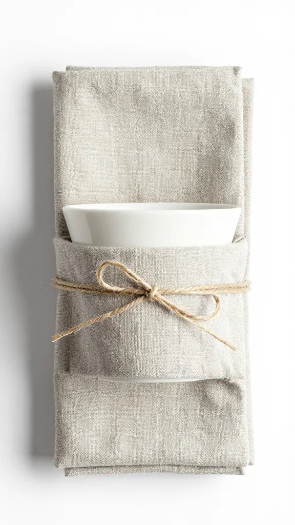 linen napkin-wrapped teacup secured with twine