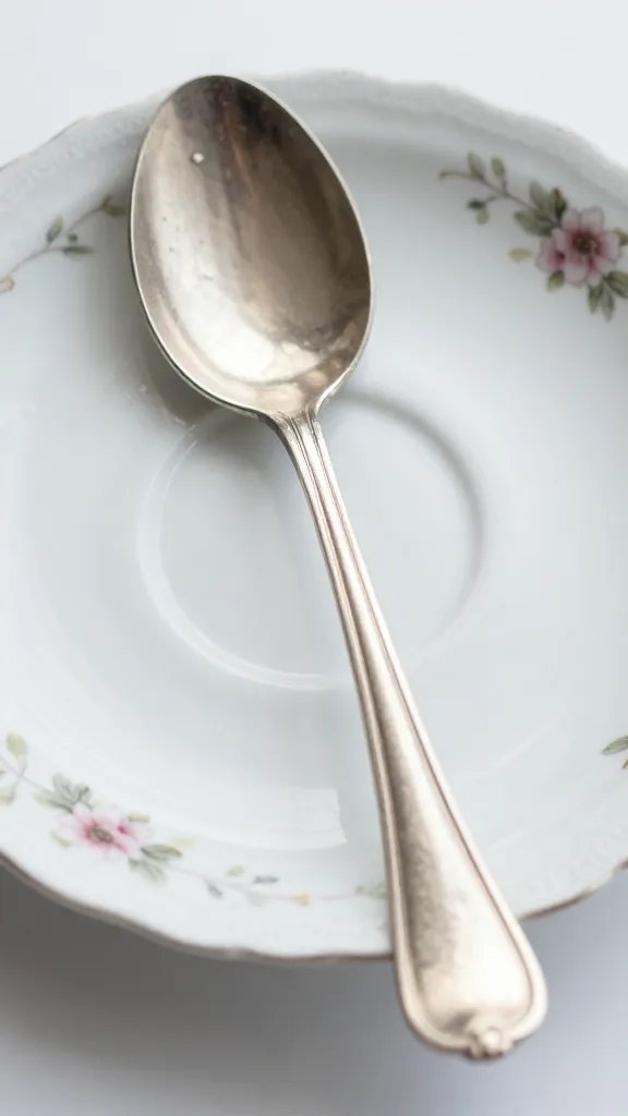 tarnished silver teaspoon resting on floral saucer