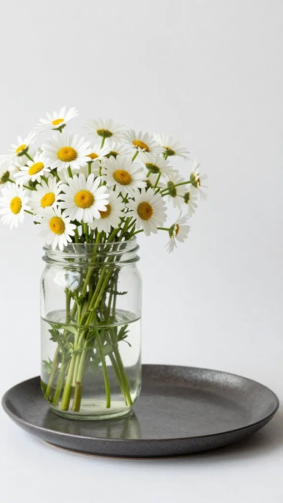 jam jar of daisies beside ironstone plate rim