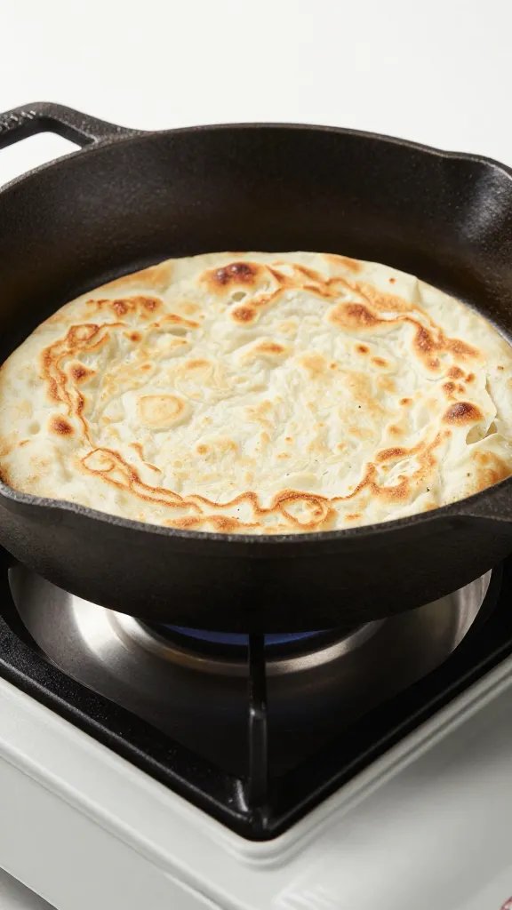 cast-iron skillet on portable gas burner, golden flatbread
