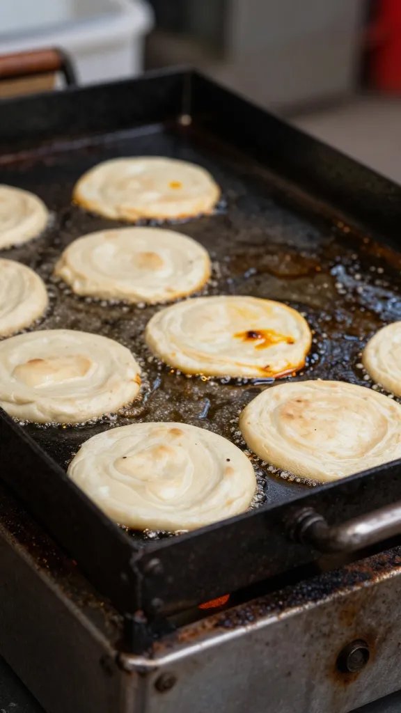 closeup salvaged paver used as griddle, sizzling dough