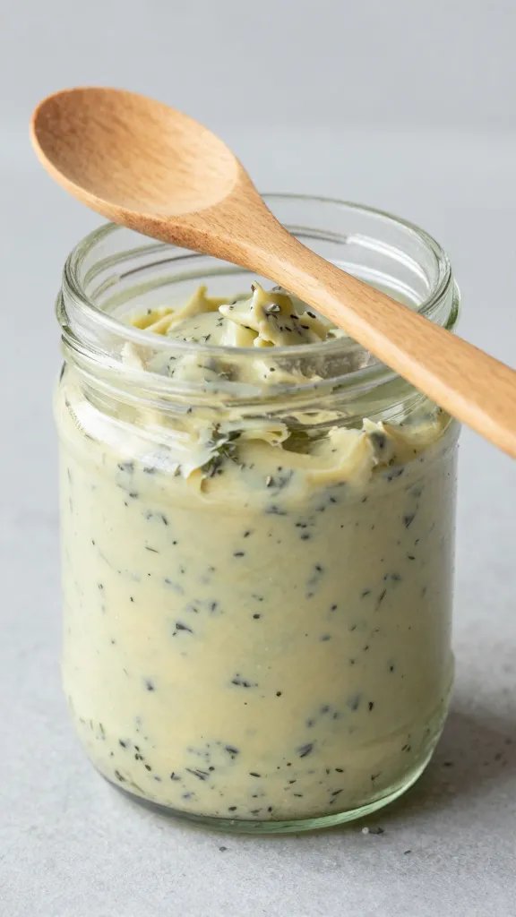mason jar of herb butter, wooden spreader resting