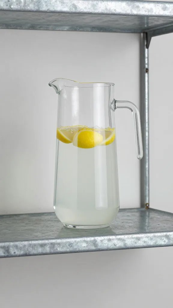 galvanized garden shelf holding glass lemonade pitcher