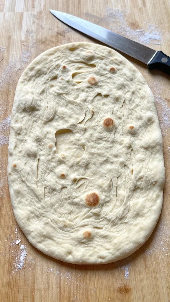 folding table surface with knife scoring fresh flatbread