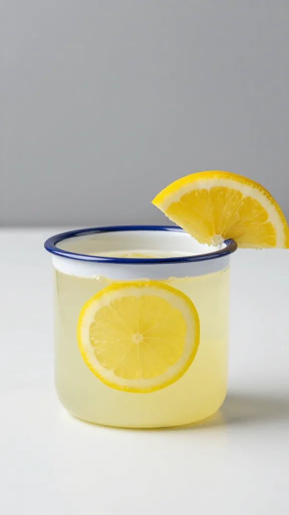single enamel camping mug of lemonade with citrus slice