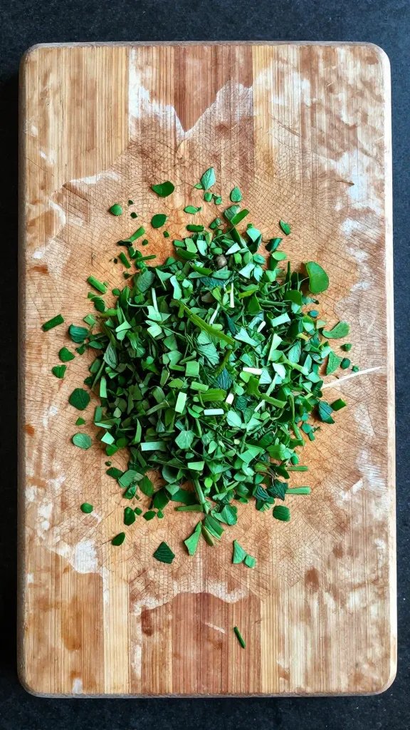 weathered cutting board with chopped garden herbs