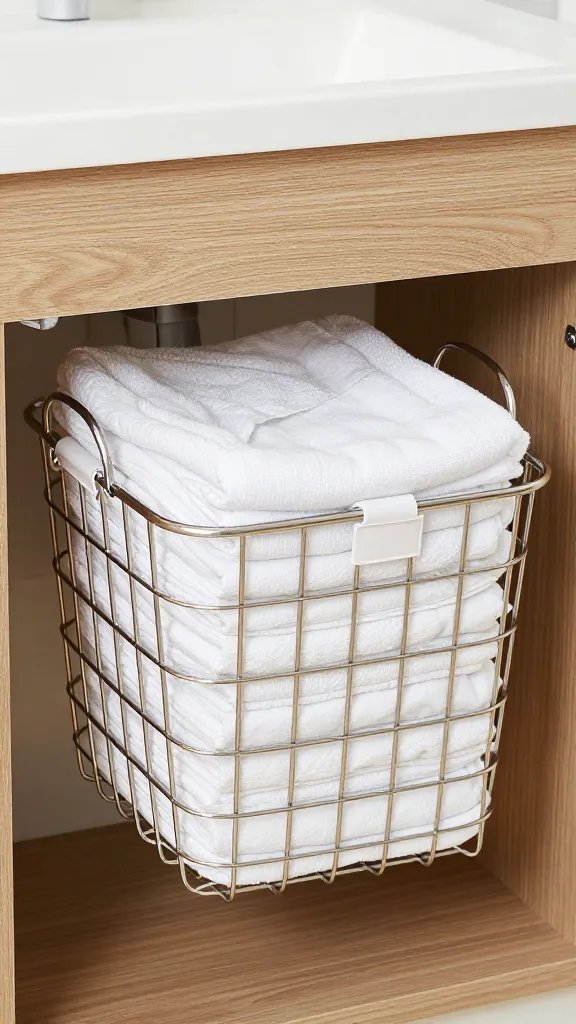 wire basket mounted under counter holding folded linens