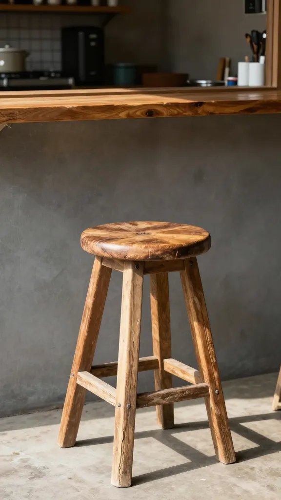 single rustic stool beside outdoor prep counter, afternoon light