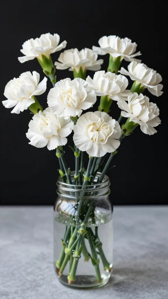 opal-finish mason jar holding white supermarket carnations