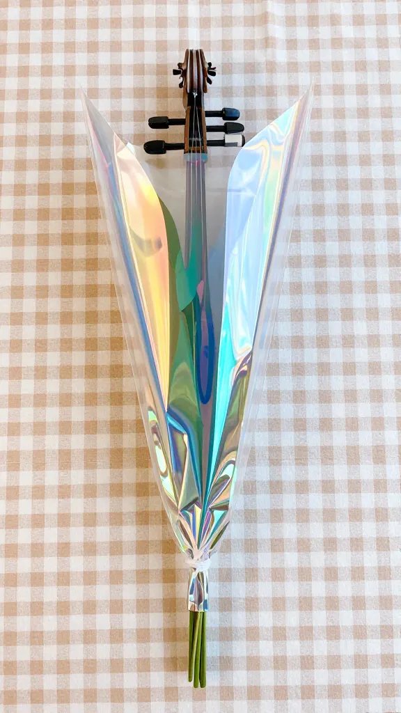 holographic cellophane-wrapped bouquet on gingham cloth