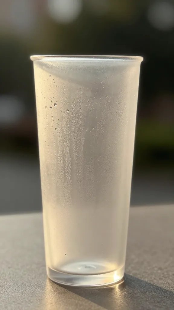pearlescent plastic tumbler with condensation, golden hour