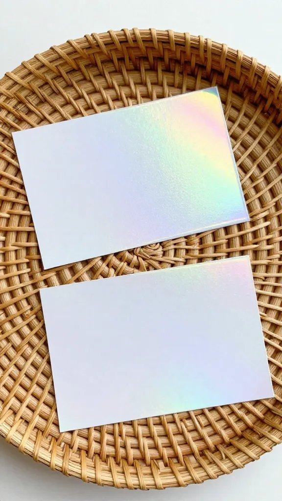 holographic vinyl place card on woven rattan charger