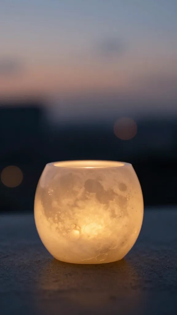 single moonstone-inspired tealight holder glowing at dusk
