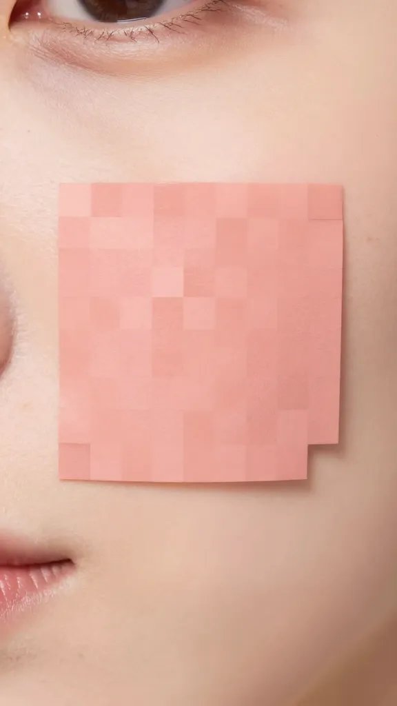 extreme closeup: pixel-block blush square on cheekbone