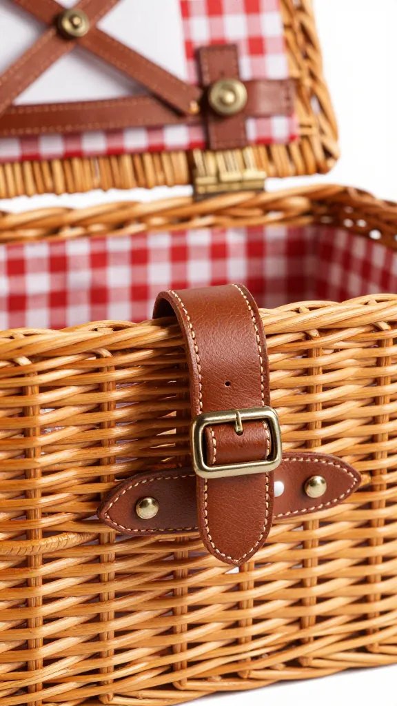 Closeup rattan picnic basket with leather buckle