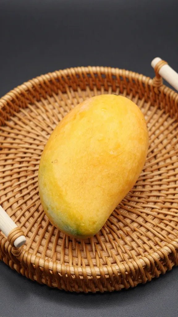 Woven rattan fruit tray holding single mango