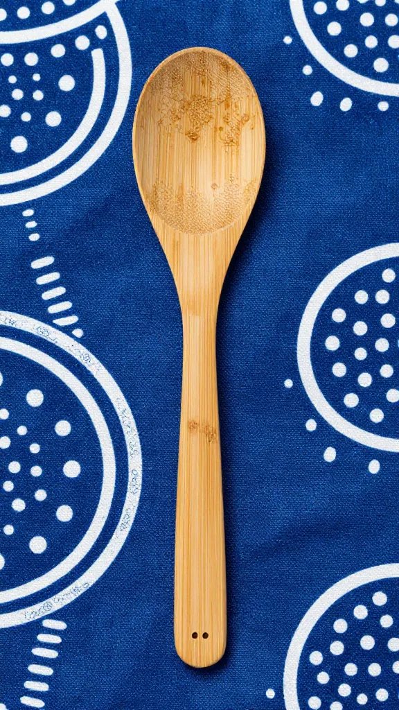 Bamboo cutlery spoon on indigo Ankara cloth