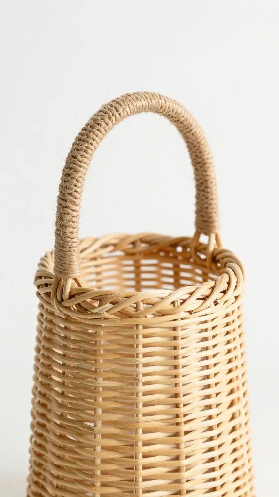 Rattan bottle holder with sisal handle closeup