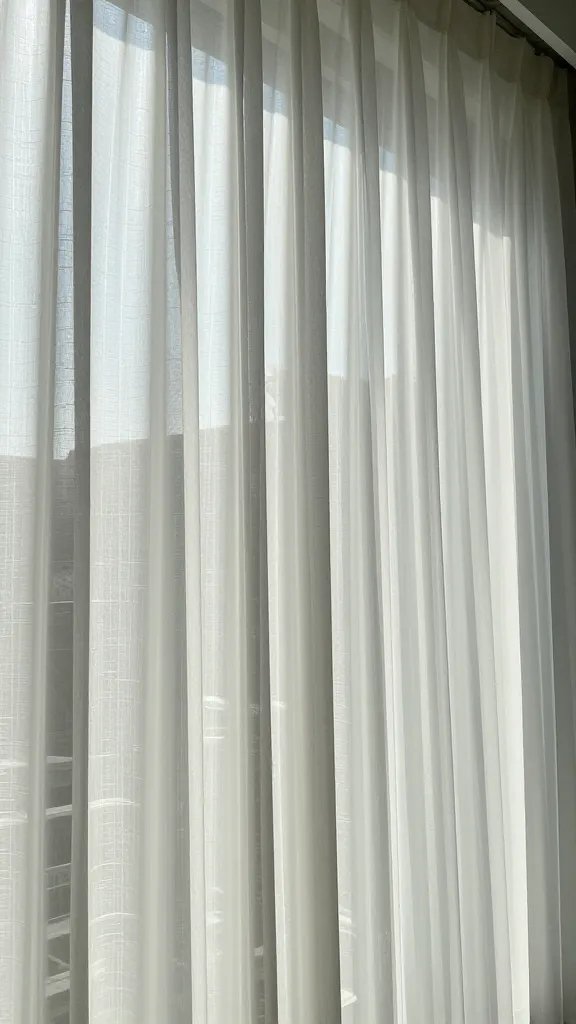 closeup of sheer light-filtering curtain on sunroom window