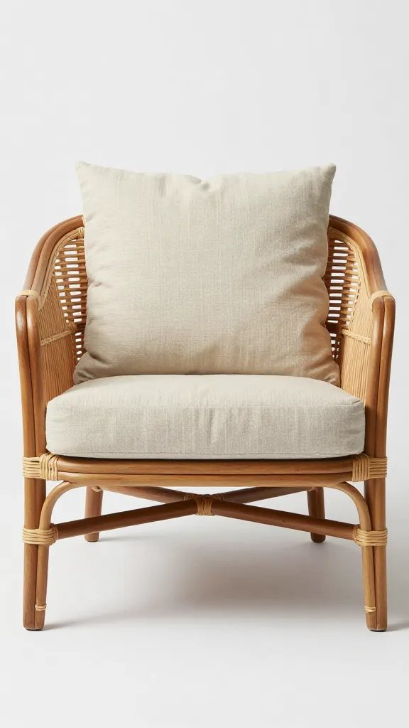mid-century rattan lounge chair with linen cushion