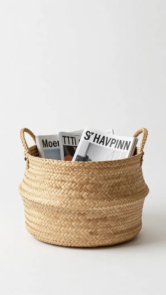 woven seagrass floor basket with magazines