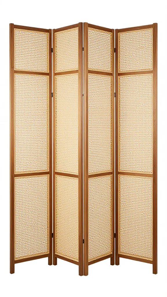 folding wood room divider with cane panels