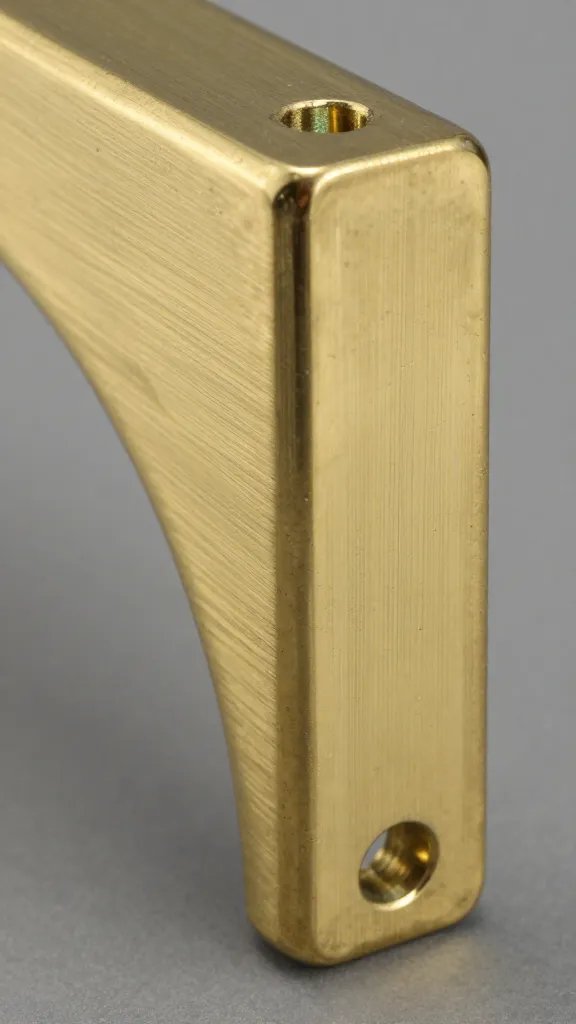 brass L-bracket at 45° joint on arch, macro