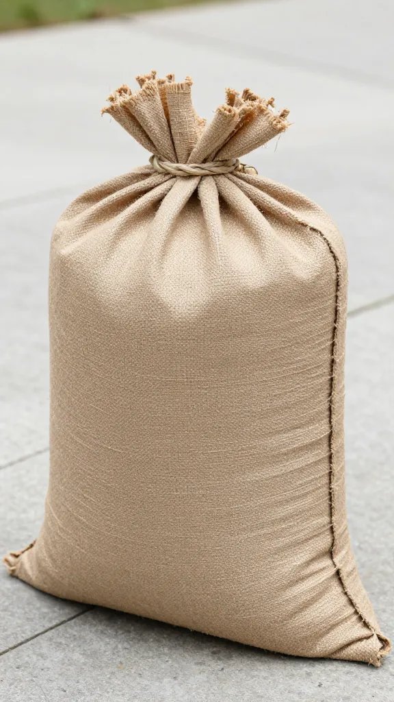 jute-wrapped sandbag weight on patio, closeup