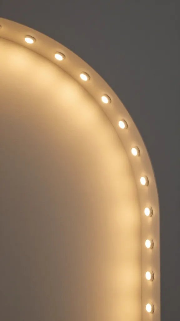 warm LED puck uplight grazing arch edge, closeup