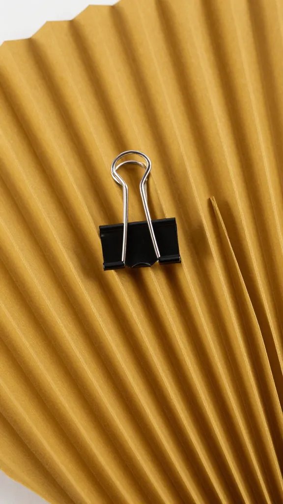 single mustard-yellow pleated fan secured with binder clip, macro