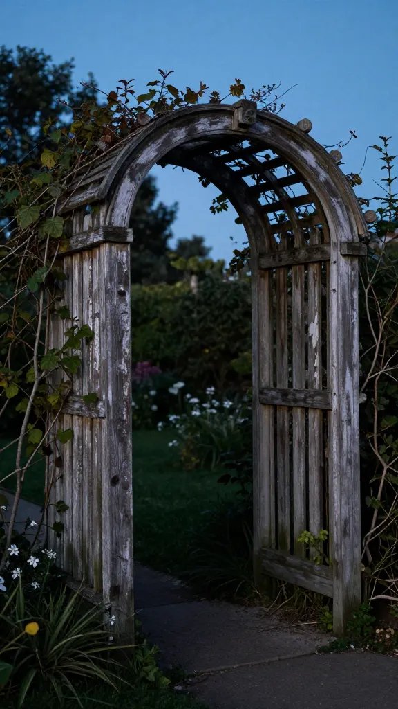 weathered sheet-draped garden archway at twilight