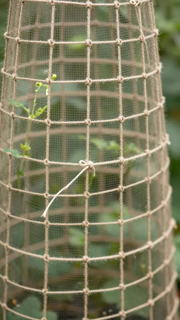closeup of twine-tied tomato cage trellis