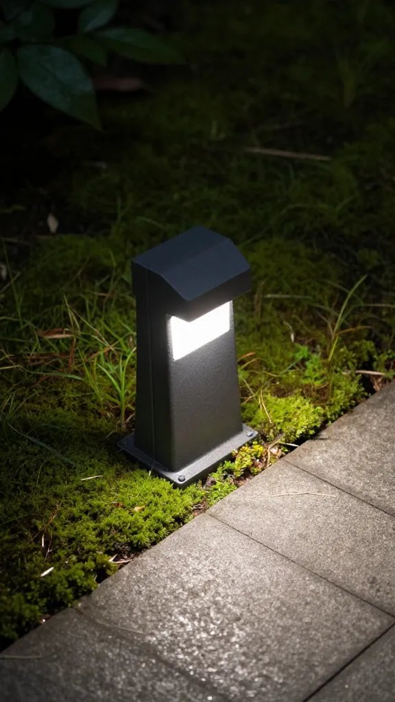 low LED pathway light beside mossy paver