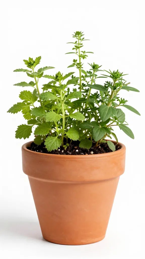 single terracotta planter with mixed-height herbs
