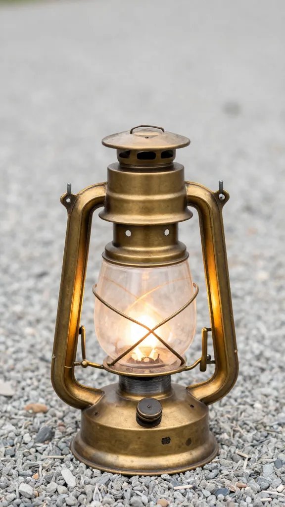 vintage brass lantern glowing on gravel